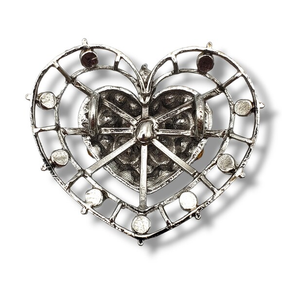 Vintage Large Blue Rhinestone Cluster Silver Tone Heart Pendant - Picture 2 of 6